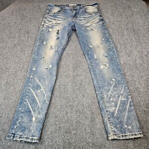 Preme Mens Distressed Paint Splatter Stripe Jeans Blue36x32Streetwear Distressed